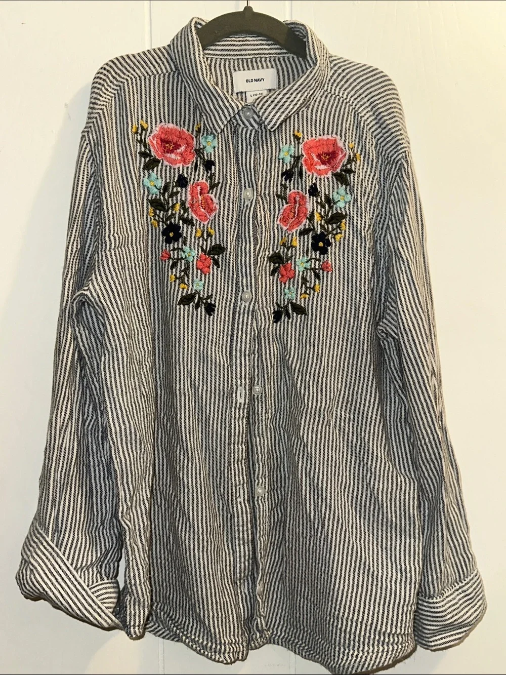 Old Navy Navy & White Striped Button-Down with Pink Floral Embroidery
